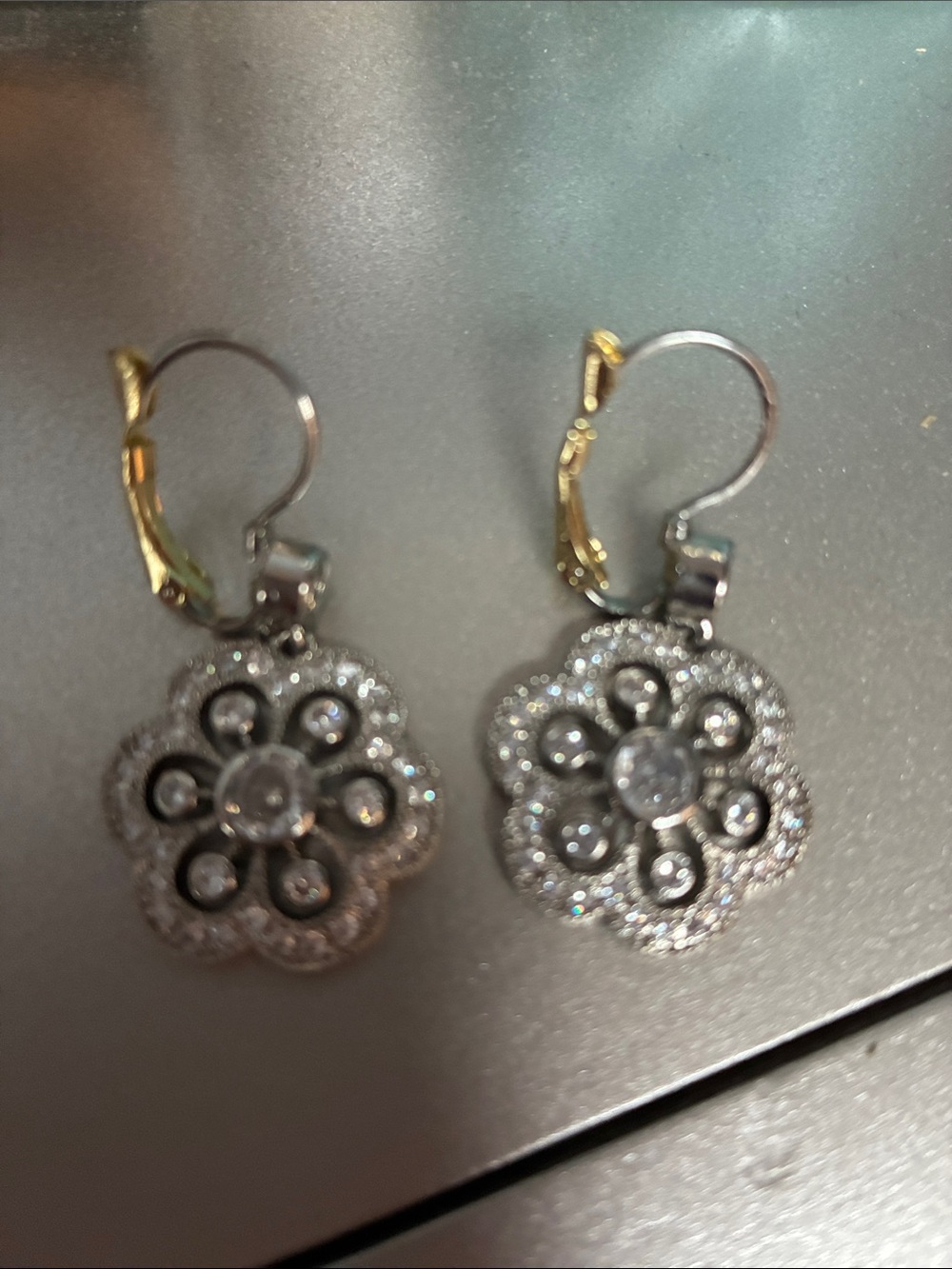 Silver Flower Halo Drop Earrings with Clear Crystals - Unbranded